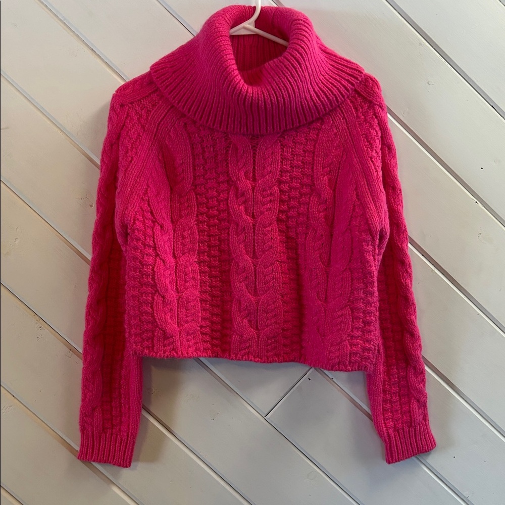 JESSICA SIMPSON Hot Pink Cable Knit Turtleneck Sweater